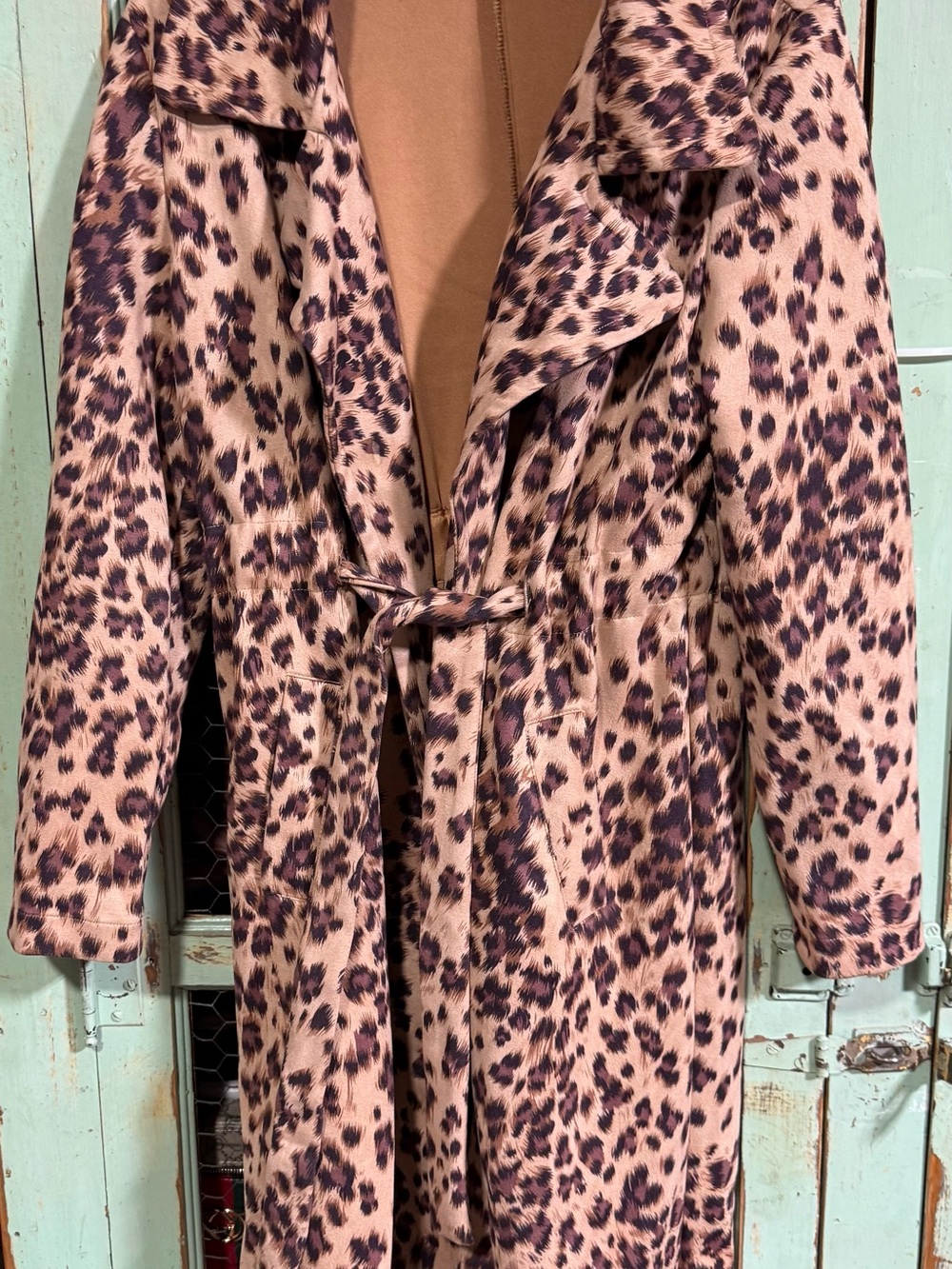 Leopard Print Long Belted Trench Coat - Brown